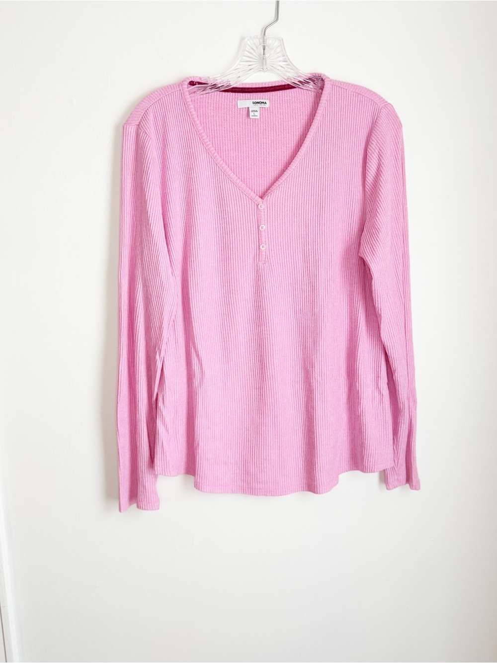 Sonoma Pink Ribbed V-Neck Long Sleeve Henley Top